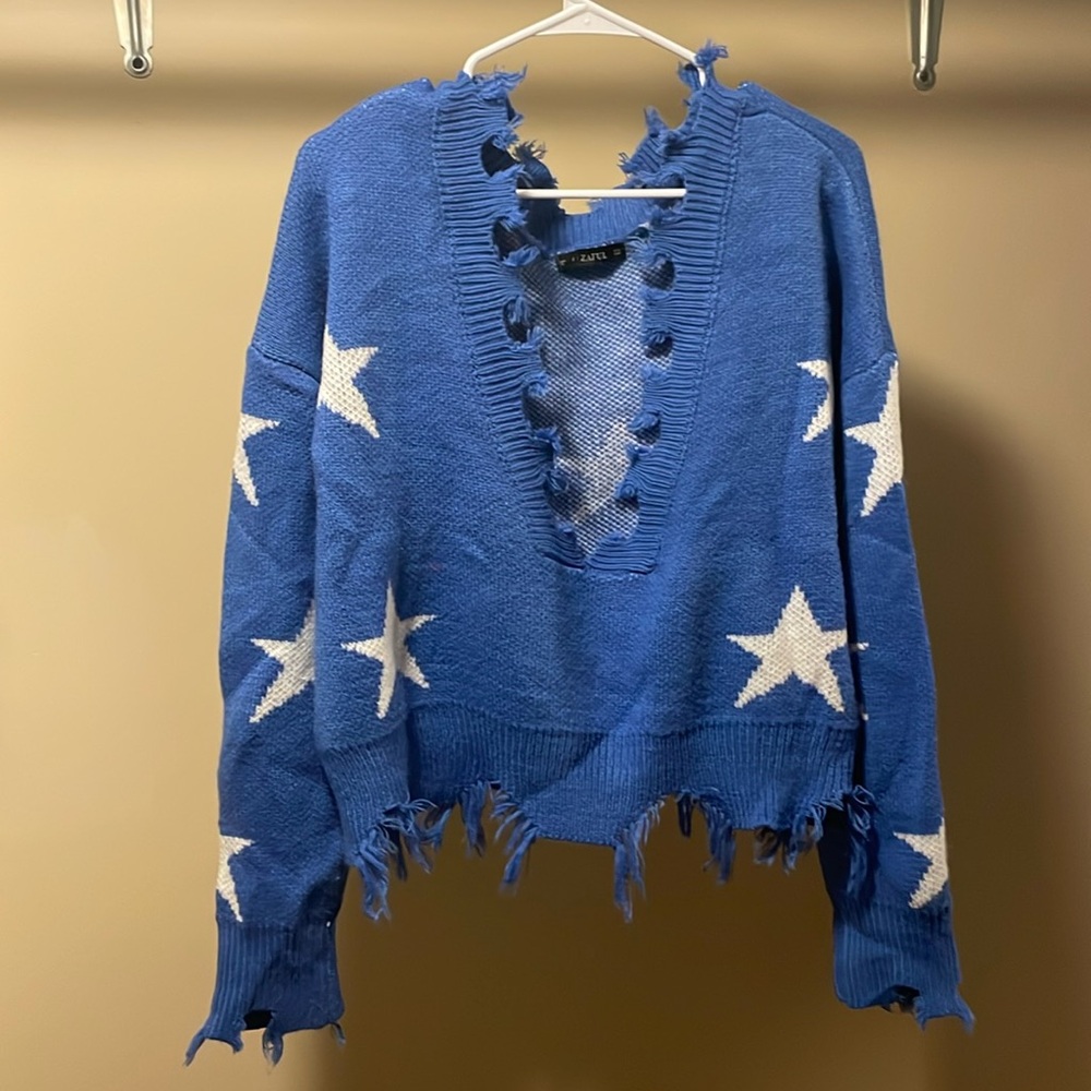 Zaful Womens OS One Size Star Crop Frayed Distressed Sweater